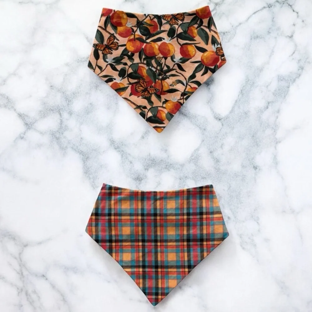 DOG Bandana - Fruits & Autumn Plaid (Reversible) - Size L Large